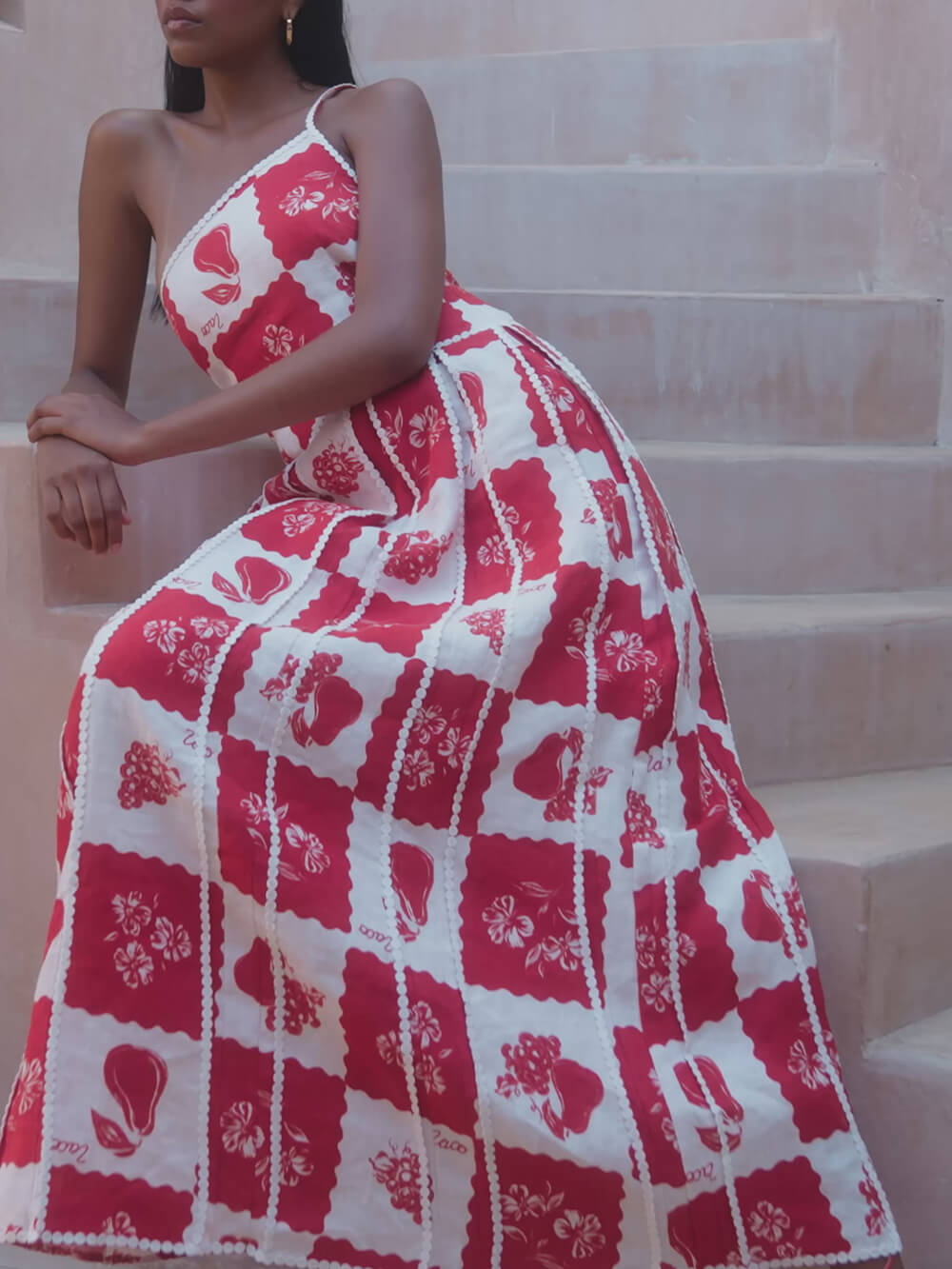 Floral Trim One Shoulder Flared Maxi Dress