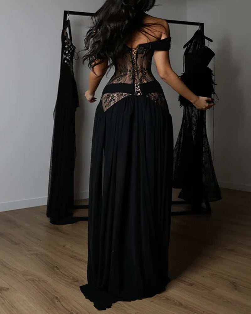 Off-Shoulder Lace Corset Chiffon Thigh Slit Maxi Dress - Kamoori