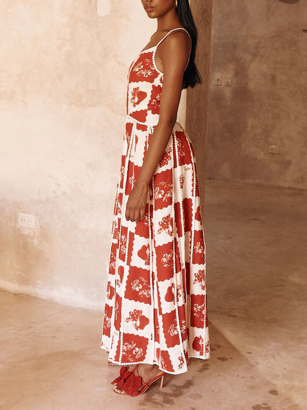 Floral Trim One Shoulder Flared Maxi Dress