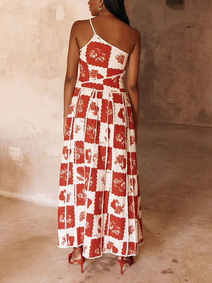 Floral Trim One Shoulder Flared Maxi Dress