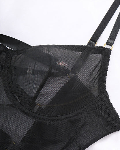 Sexy Back Hollow Mesh See-through Suspender Nightdress - Kamoori