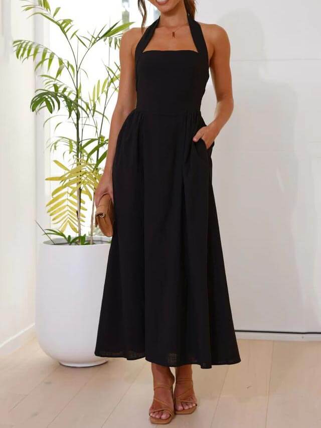 Waist Little Black Halter Neck Dress Mid Length Dress