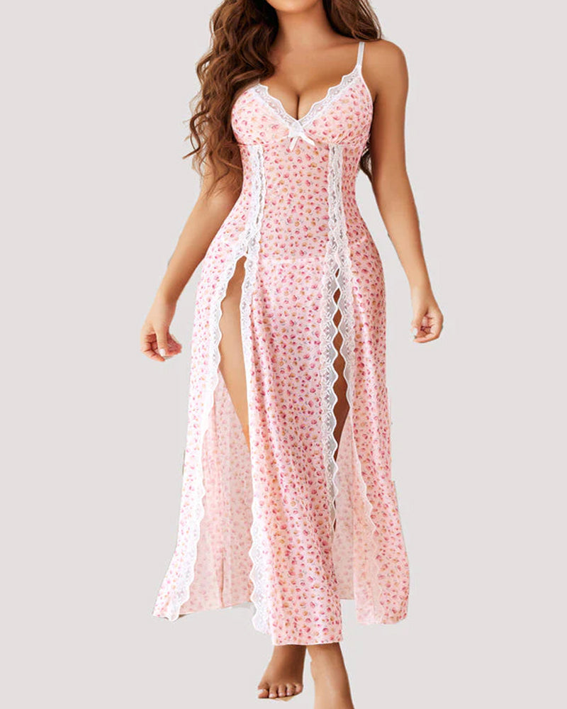 Suspenders See-Through Lace Mesh Long Slits With Panties Pajamas Set - Kamoori