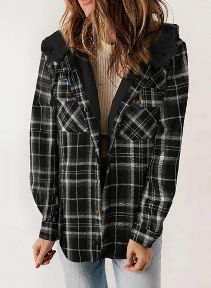 Women’s Plaid Hooded Flannel Jacket for Autumn & Winter - Kamoori
