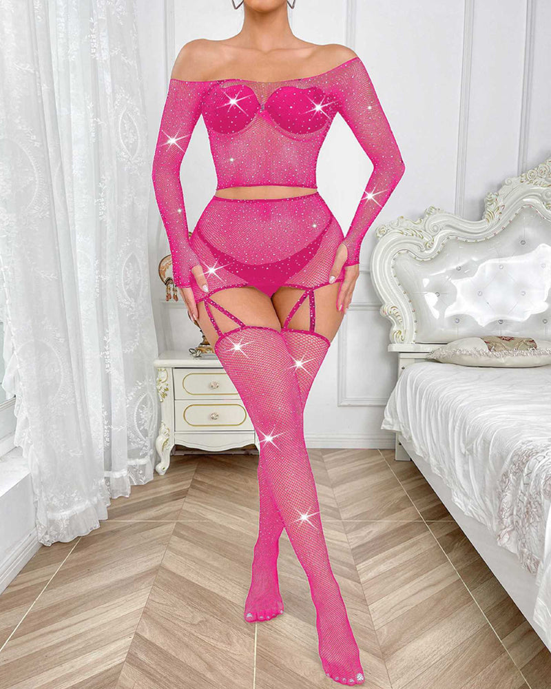 Rhinestone Fishnet Long-Sleeved Skirt Set - Kamoori