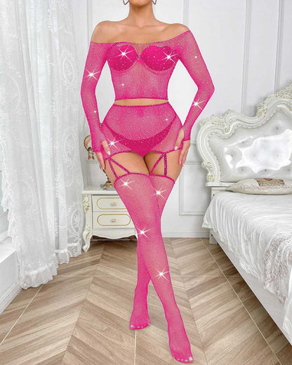 Rhinestone Fishnet Long-Sleeved Skirt Set - Kamoori