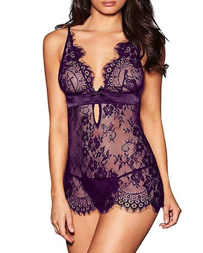 V See-Through Eyelash Lace Camisole Nightgown - Kamoori