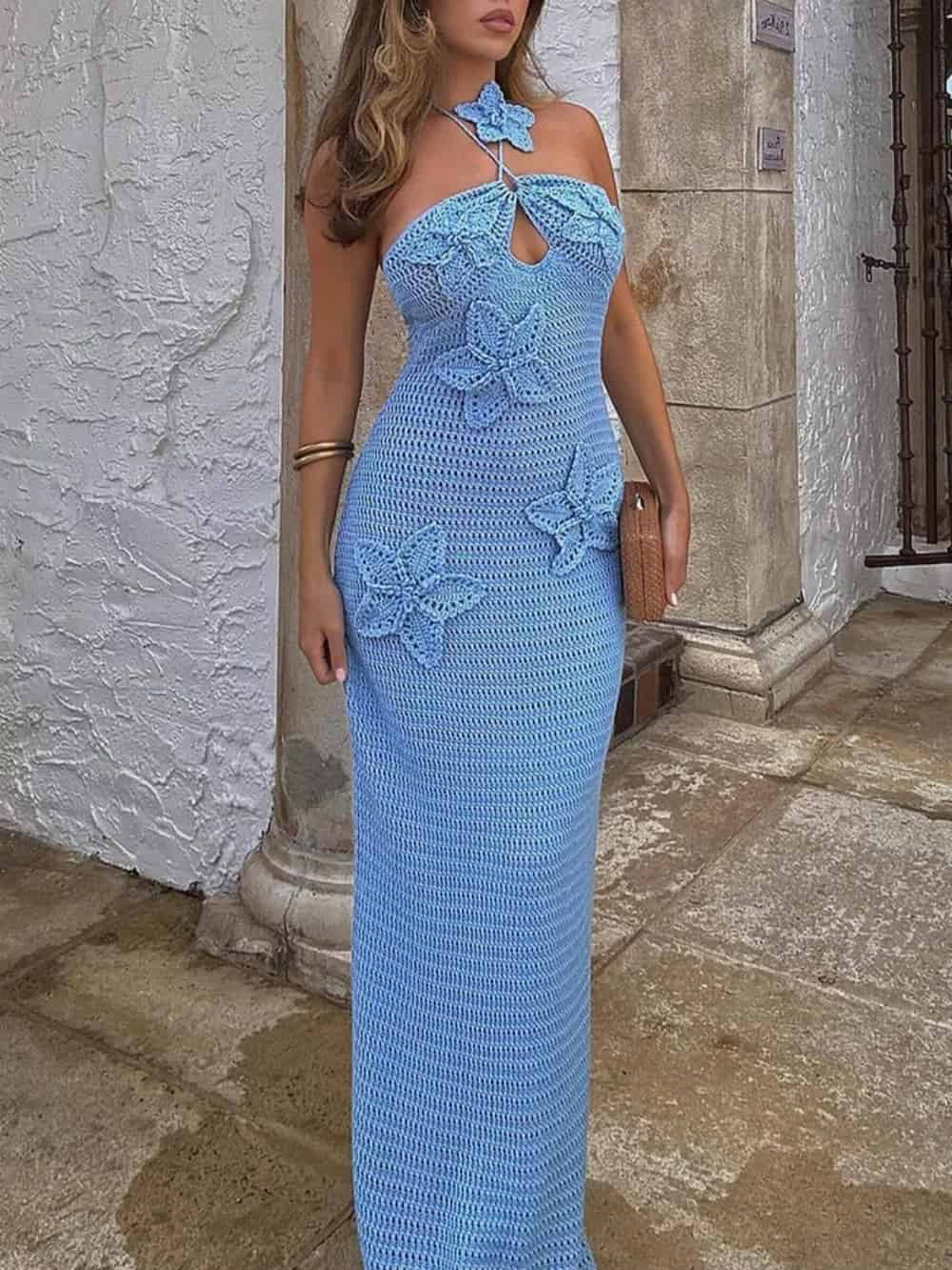 3D Flower Decor Halter Neck Bodycon Crochet Maxi Dresses - Kamoori