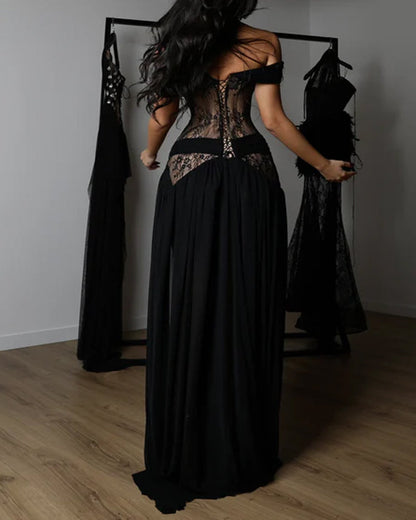Off-Shoulder Lace Corset Chiffon Thigh Slit Maxi Dress - Kamoori