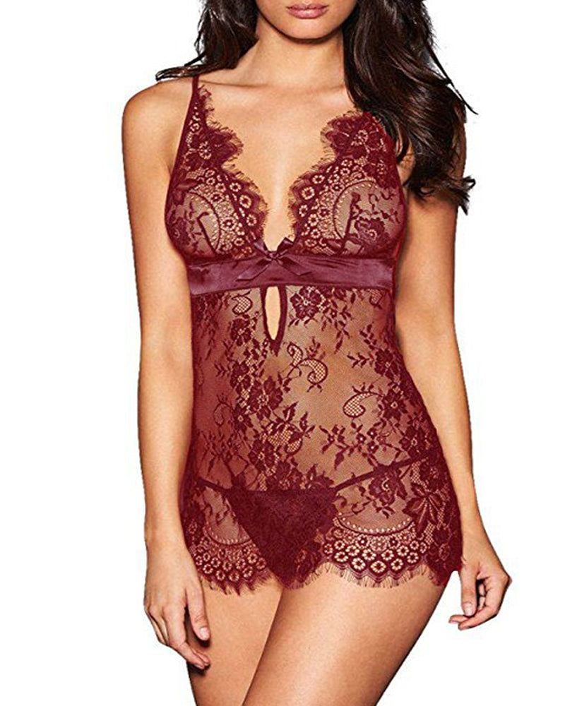 V See-Through Eyelash Lace Camisole Nightgown - Kamoori