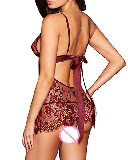 V See-Through Eyelash Lace Camisole Nightgown - Kamoori