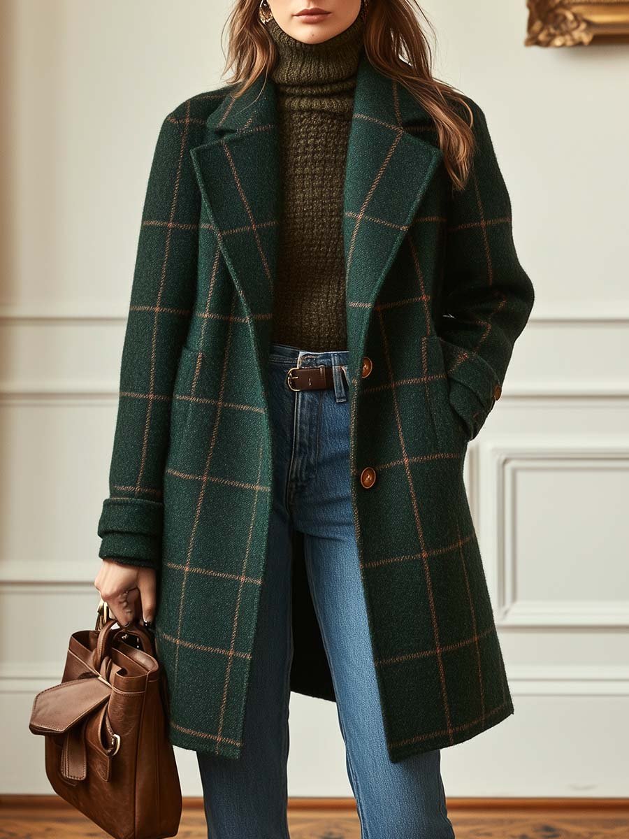 Lapel Plaid Tweed Coat