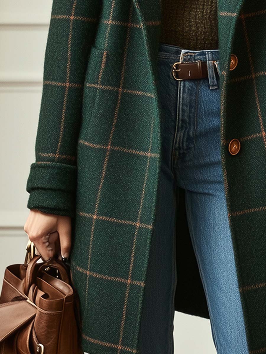 Lapel Plaid Tweed Coat