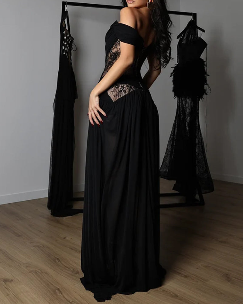 Off-Shoulder Lace Corset Chiffon Thigh Slit Maxi Dress - Kamoori