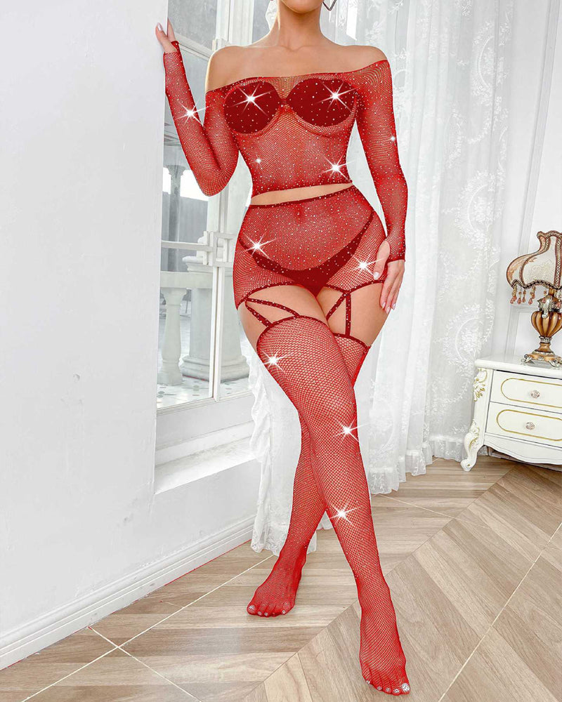 Rhinestone Fishnet Long-Sleeved Skirt Set - Kamoori